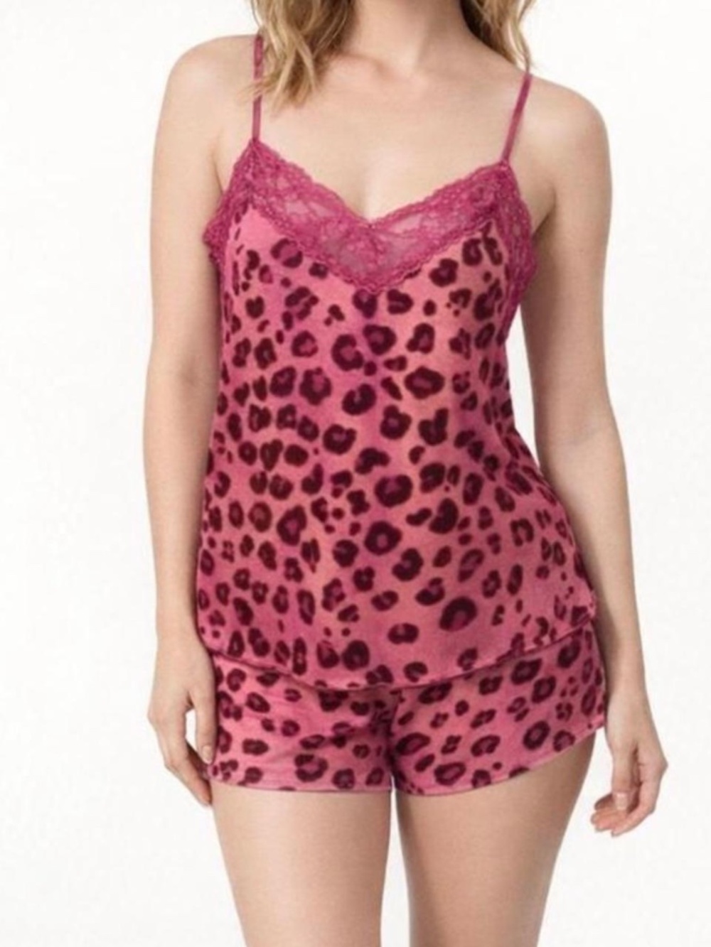 Vintage Magenta Pink Purple Leopard Lace Trim Camisole Tank Top Size M